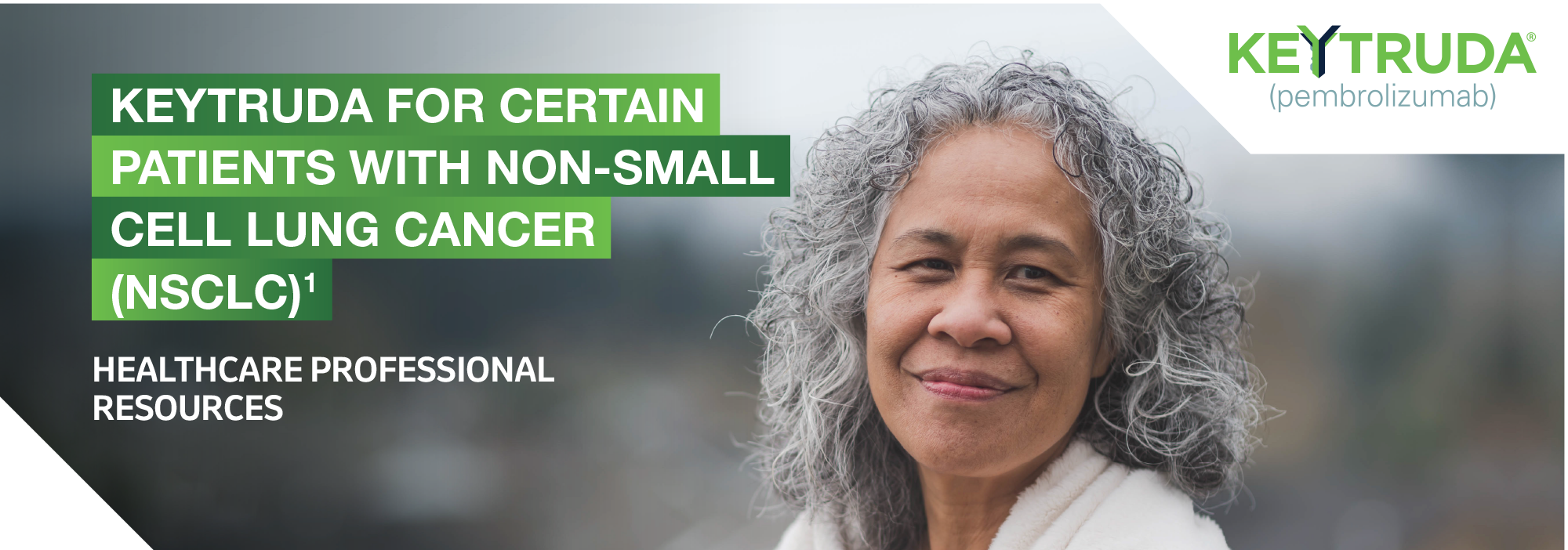 Header image on the home page of the MSD lung cancer resource hub website. Image is of a hypothetical female patient with the text: KEYTRUDA for patients with non-small cell lung cancer: healthcare professional resources.
