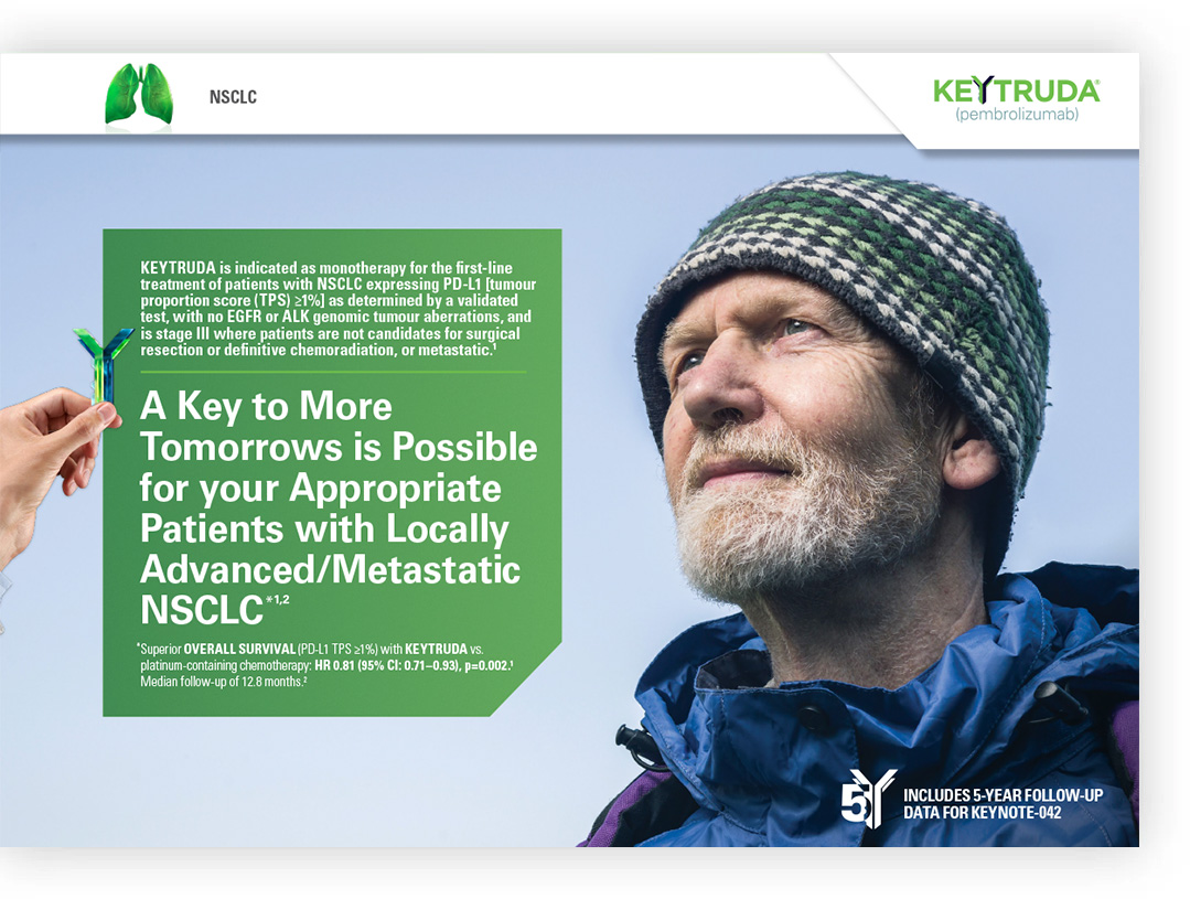 thumbnail image of the front cover of a clinical summary of KEYNOTE-042. Image of a hypothetical male patient with the headline text: A key to more tomorrows is possible for your appropriate patients with locally advanced or metastatic NSCLC.