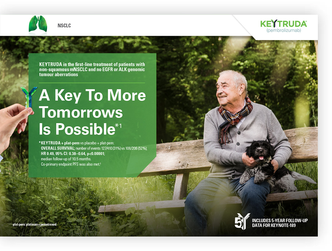 image of the front cover of a clinical summary of KEYNOTE-189. Image of a hypothetical male patient with the headline text: A key to more tomorrows is possible. KEYTRUDA in the first-line treatment of patients with non-squamous metastatic NSCLC and no EGFR or ALK genomic tumour aberrations.