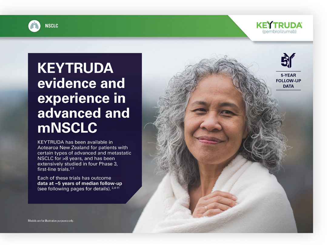 Front cover thumbnail image of the clinical summary of the KEYTRUDA first-line NSCLC clinical trials with the text: KEYTRUDA evidence and experience in advanced and metastatic NSCLC.